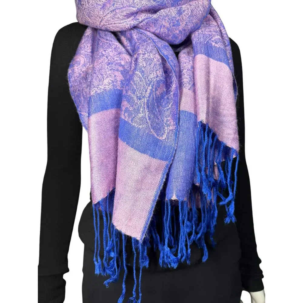 Cashmere Silk Pashmina Fringe Pink Purple Paisley Scarf Wrap